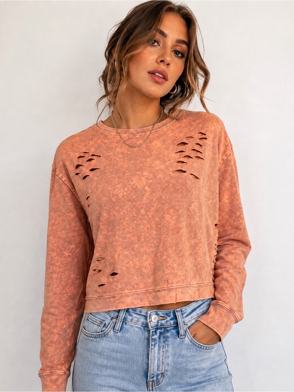 NWT IJOAH Distressed Acid Wash Cropped Sweatshirt Pink Orange Grunge Medium